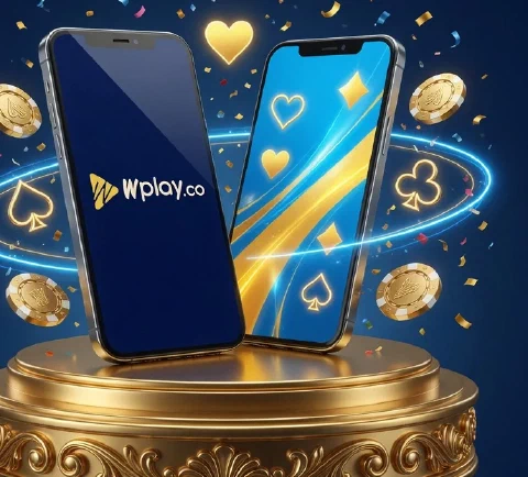 Dos teléfonos con el logo Wplay entre fichas y luces de casino