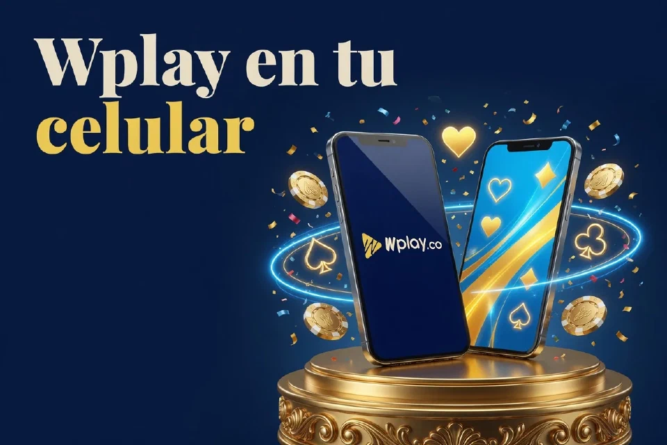 Dos teléfonos con el logo Wplay entre motivos dorados de casino