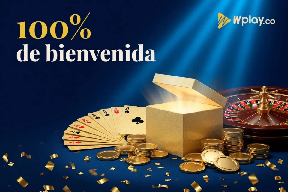 Caja de bienvenida con fichas, cartas, ruleta y el bono del 100%