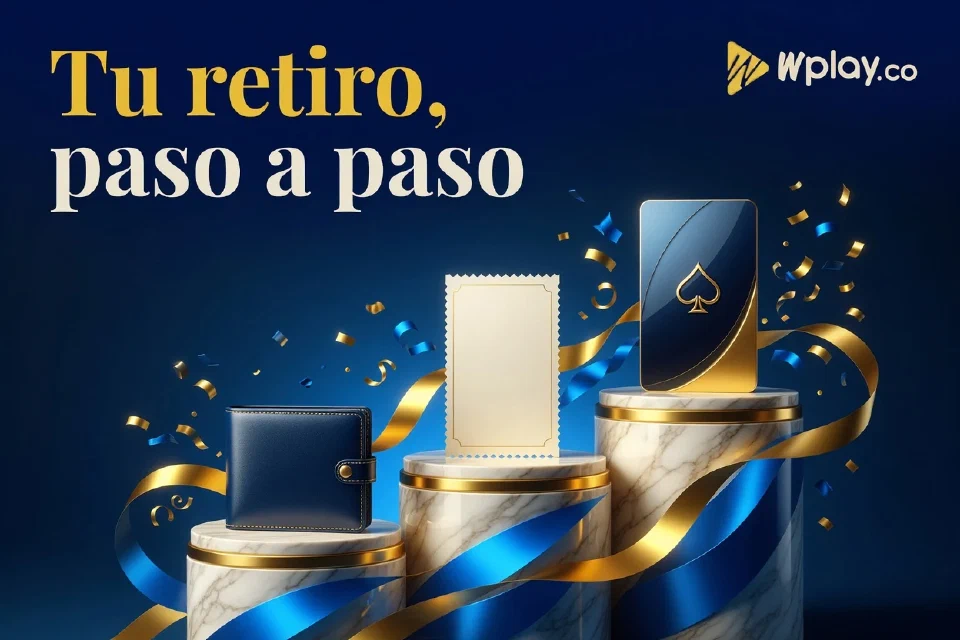 Billetera, comprobante y tarjeta sobre plataformas azules y doradas